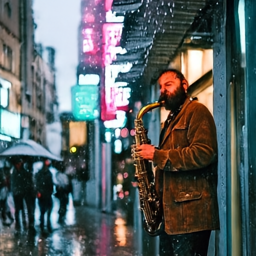 JiT-DDT sample: street musician rain