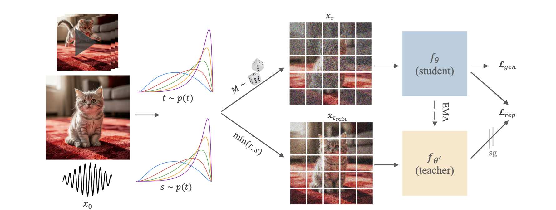 Self-Flow diagram: a clean image is noised with two sampled timesteps into a student input and a cleaner teacher input; the EMA teacher's hidden states are the representation loss target under a stop-gradient